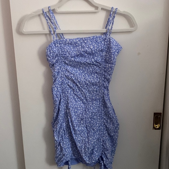 Garage Double Ruched Bodycon Dress, Blue & White Floral, Size XS - Picture 1 of 7